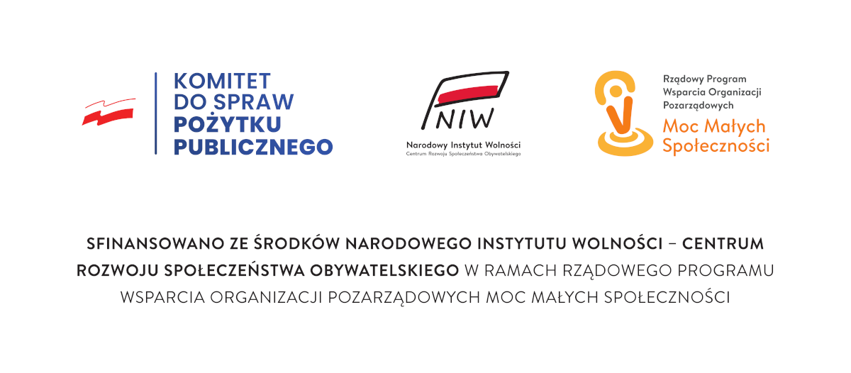 Logotypy: Komitet do spraw Pożytku Publicznego, Narodowy Instytut Wolności oraz Program Moc Małych Społeczności